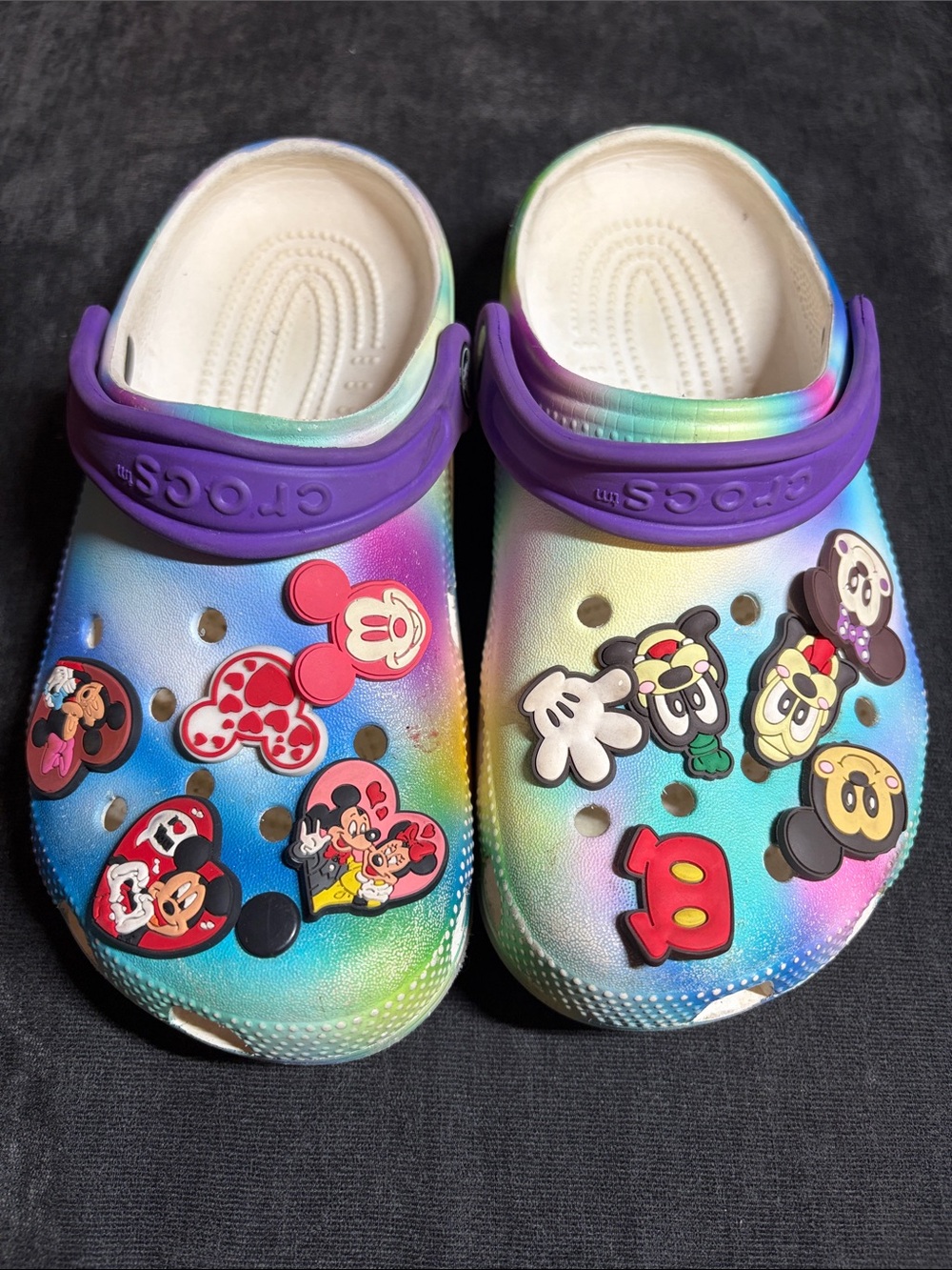 CROCS Kids Tie-Dye Rainbow Clogs with Purple Strap